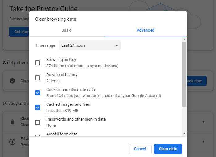 Clear browser cache and cookie