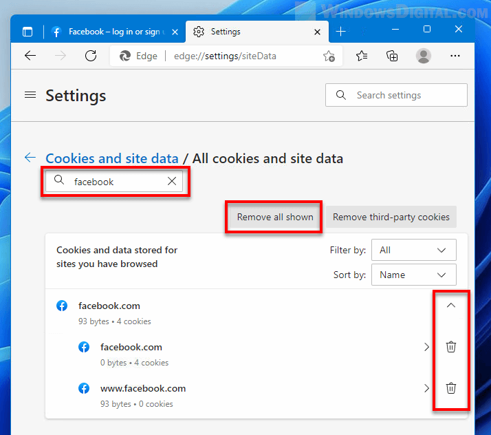 Clear cookies for just one site in Edge