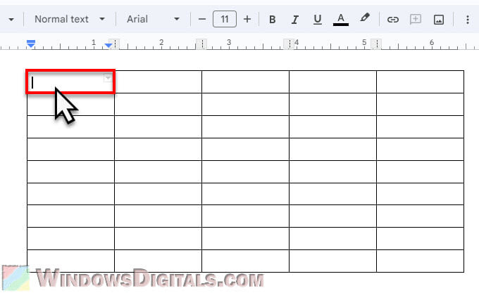 Click the first cell in the table Google Docs