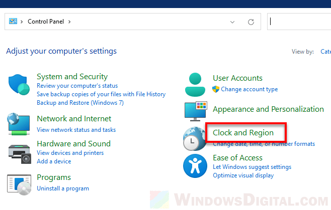 Clock and Region Windows 11