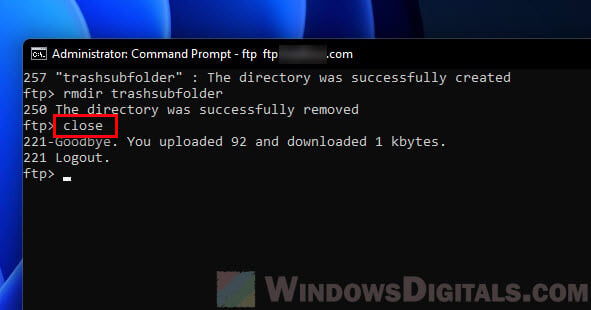 Close FTP connection command line CMD