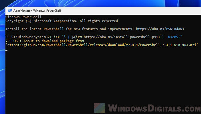 Command line to update PowerShell 7 in Windows 11