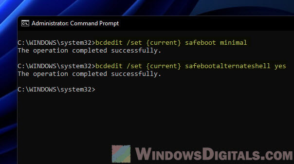 Command lines to enter Safe Mode with Command Prompt