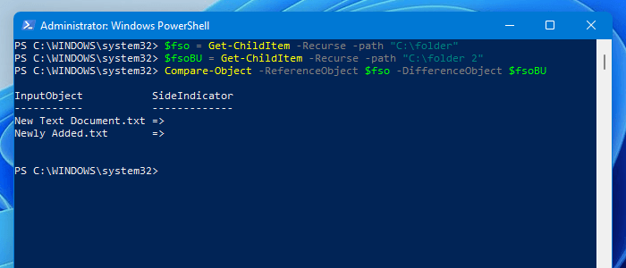 Compare folders using PowerShell in Windows 11