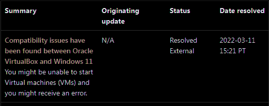 Compatibility issues with VirtualBox and Windows 11