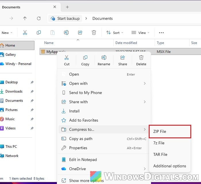 Compress MSIX file to ZIP File Windows 11
