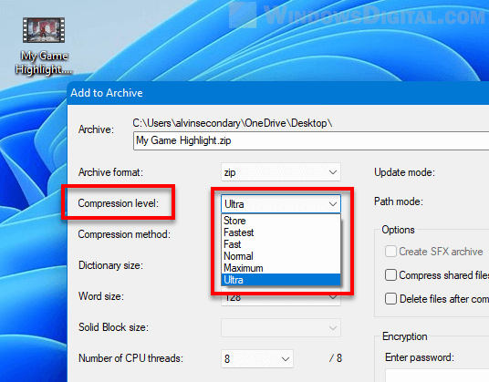 Compress video using Zip Windows 11