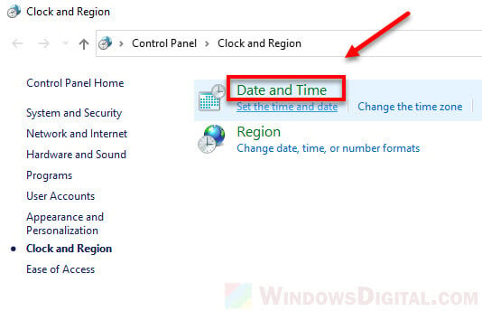 Configure date and time Windows 10