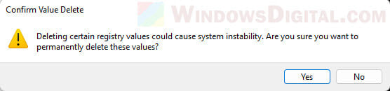 Confirm value delete Windows 11
