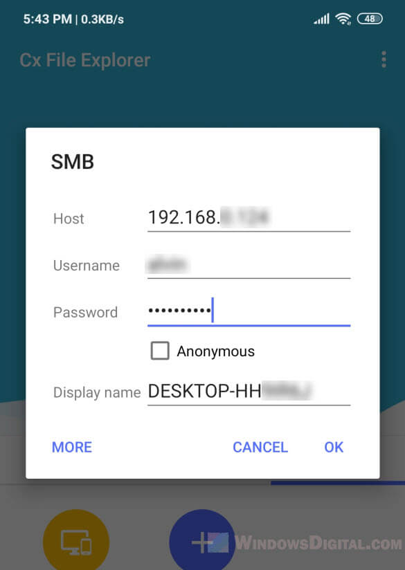 Connect to Network Shared folder from Android to PC
