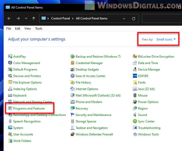Control Panel Programs and Features Windows 11