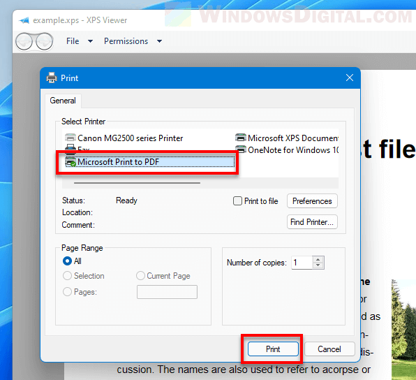 Convert XPS to PDF offline Windows 11