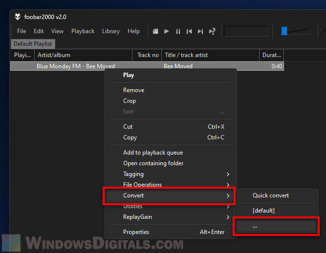 Convert audio files option in foobar 2000