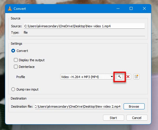 Convert profile settings VLC