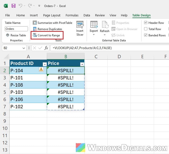 Convert table to range Excel Table Design