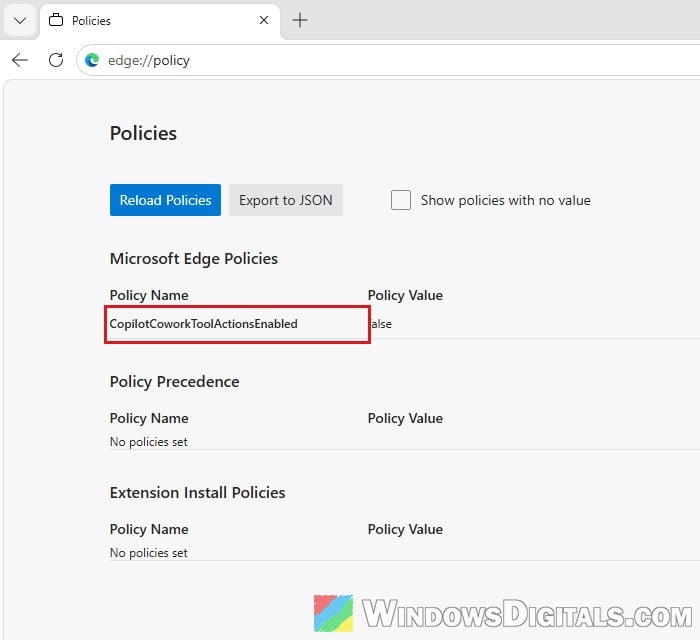 CopilotCoworkToolActionsEnabled policy in Edge policy page