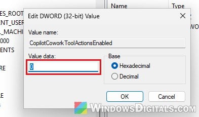 CopilotCoworkToolActionsEnabled set to 0 in Registry Editor Windows 11