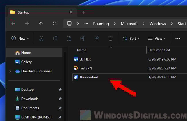 Copy Thunderbird's shortcut to Windows 11 Startup folder