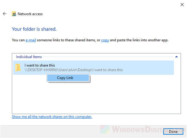 Copy link of shared folder Windows 10