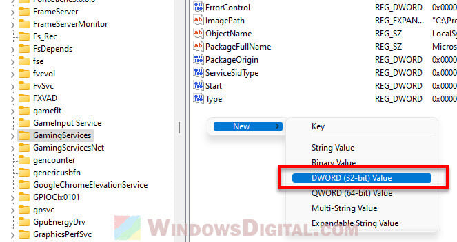Create DWORD value for services registry key