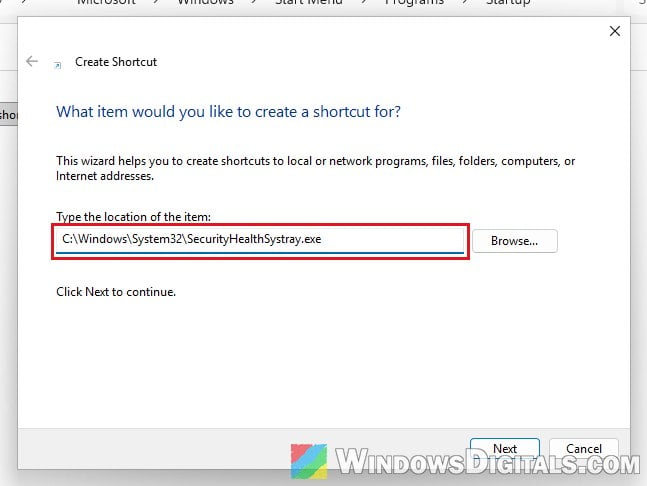 Create SecurityHealthSystray.exe shortcut in Startup folder Windows 11