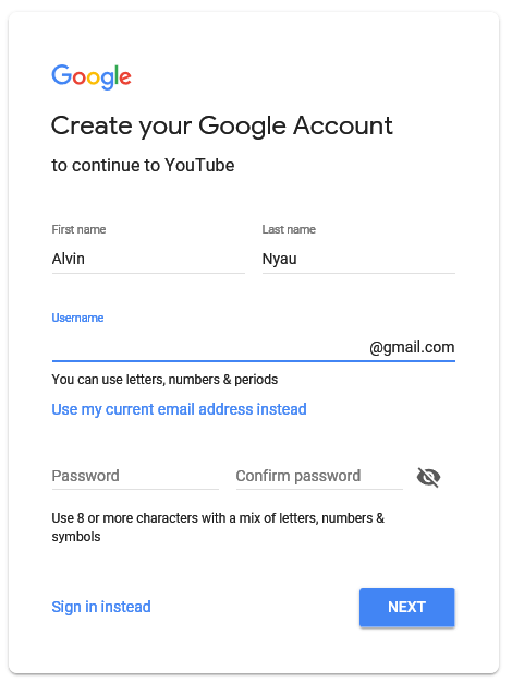 Google account creation form