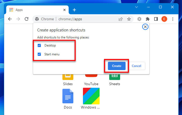 Create application shortcuts on desktop or start menu via Chrome