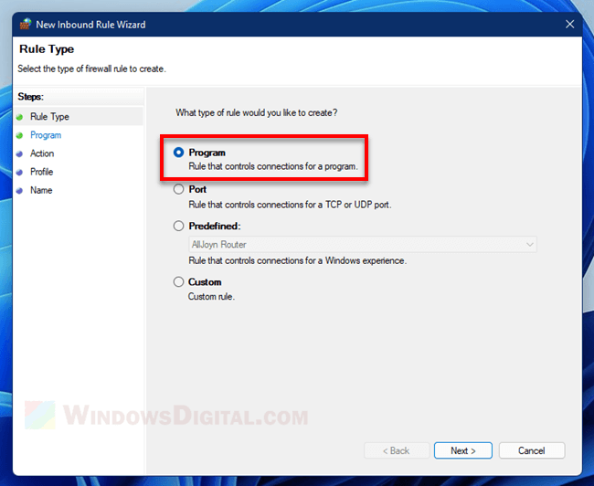 Create inbound rule to block program Windows 11 Firewall