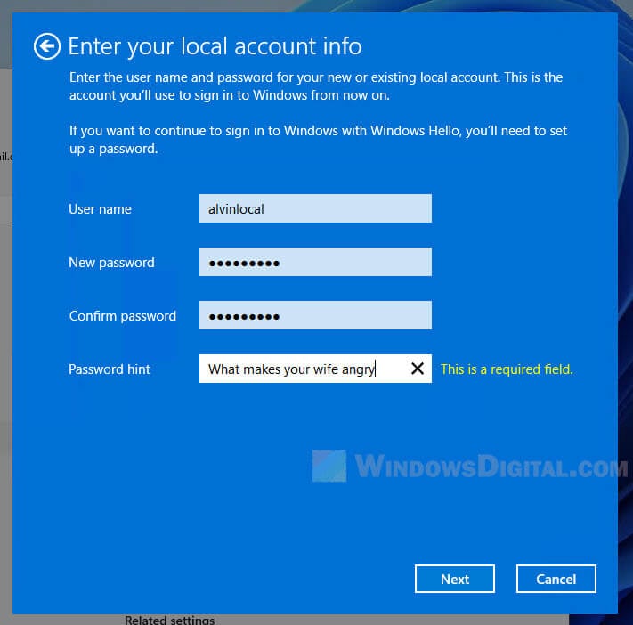 Create local account Windows 11