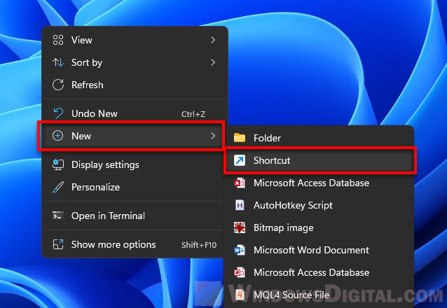 Create new shortcut Windows 11