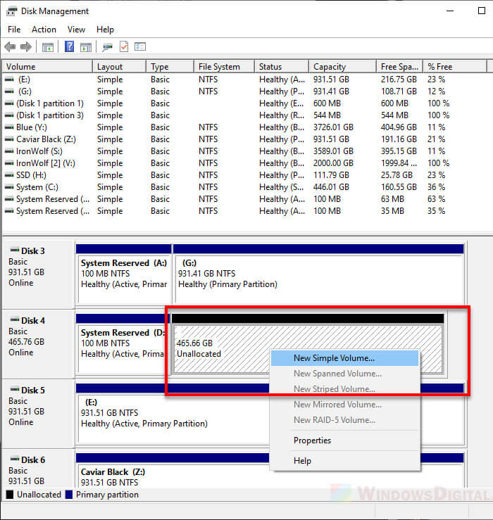 Create new volume partition on unallocated space SSD