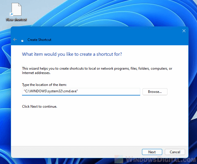 Create shortcut for CMD Windows 11