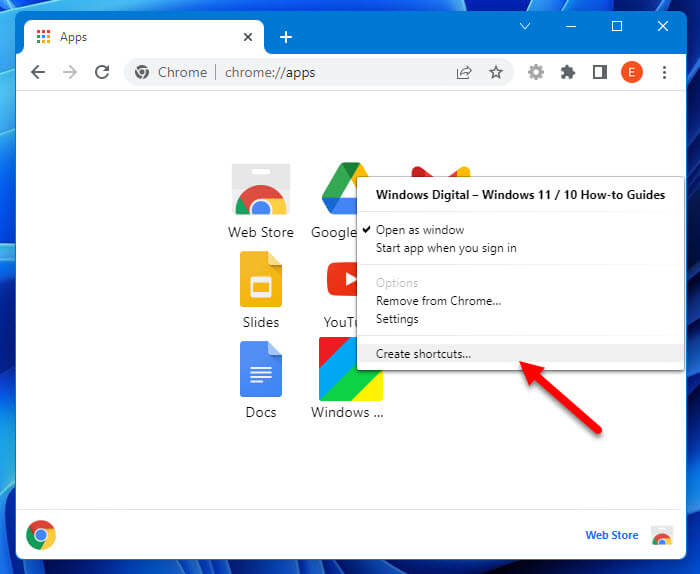 Create website shortcut on desktop Chrome