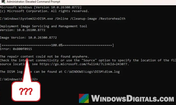 DISM Error 0x800f0915 The repair content could not be found anywhere