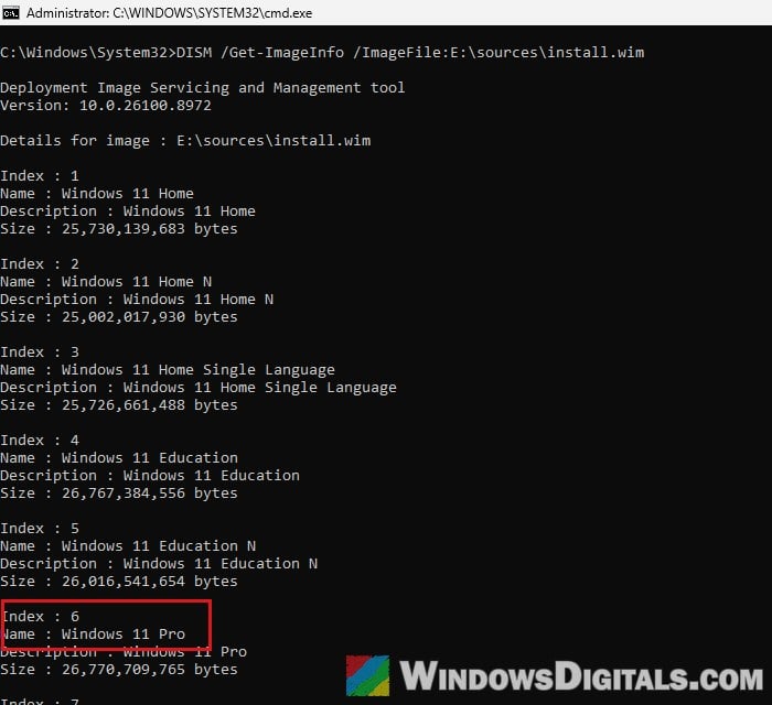DISM Get-ImageInfo install.wim index Windows 11
