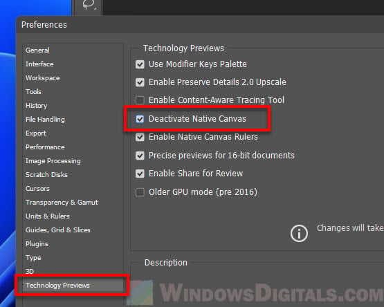 Deactivate Native Canvas to fix Photoshop flickering