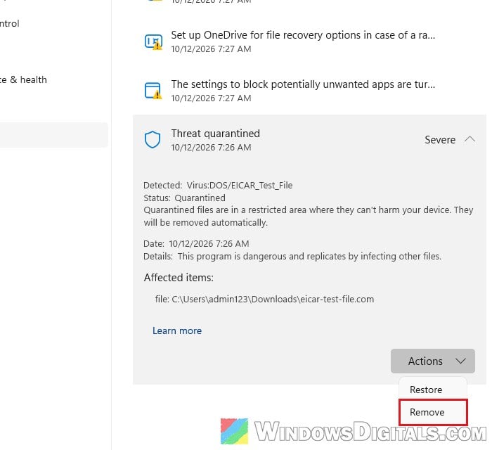 Defender Protection history threat quarantined Windows 11