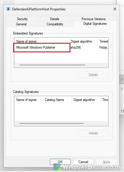 DefenderAiPlatformHost.exe digital signature Microsoft Windows Publisher