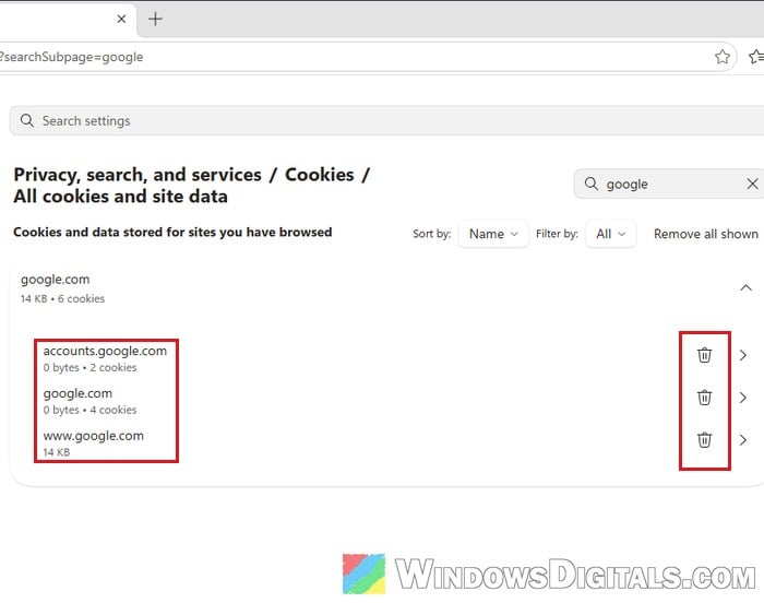 Delete Google cookies in Microsoft Edge