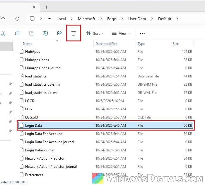 Delete Login Data file in Edge profile folder Windows 11