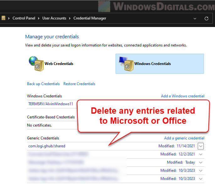 Delete Microsoft Office 365 Credentials cache in Windows 11
