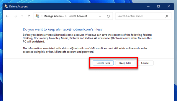 Delete Microsoft account but Keep files in Windows 11