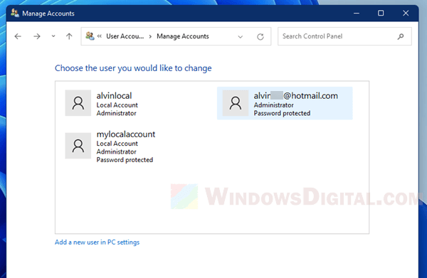 Delete Microsoft account in Windows 11