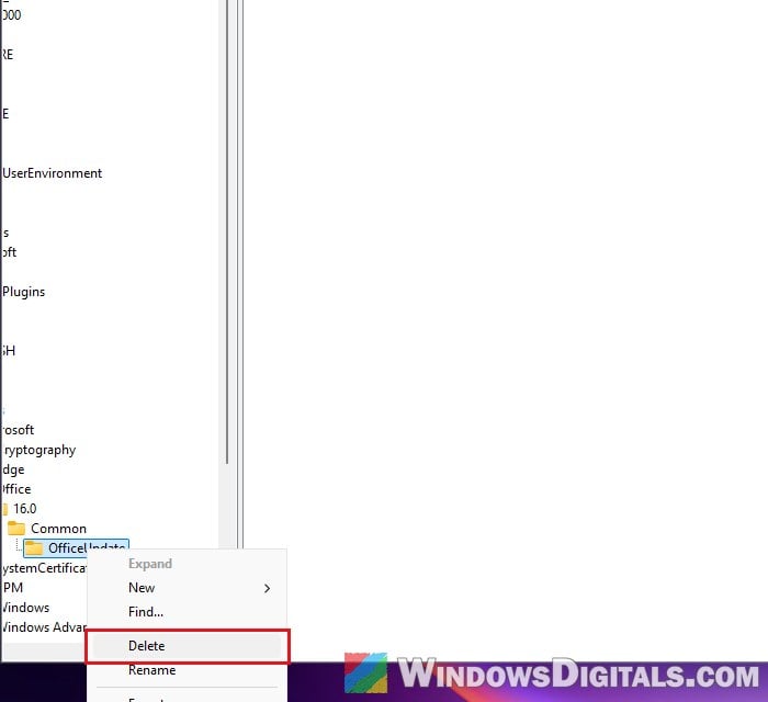 Delete OfficeUpdate registry key Windows 11