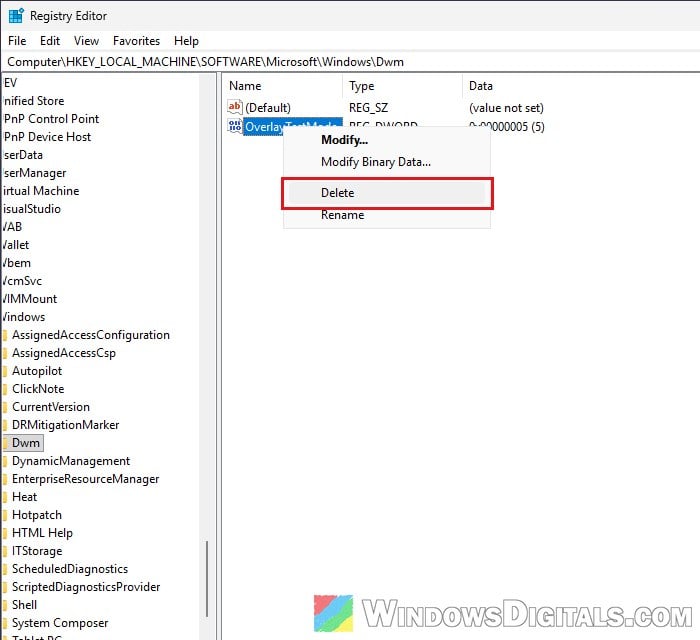 Delete OverlayTestMode to turn MPO back on Windows 11