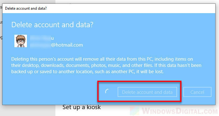 Delete account and data Windows 10