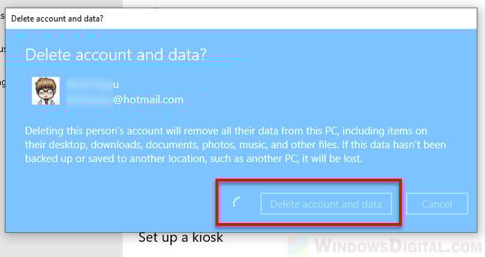 Delete account and data Windows 10