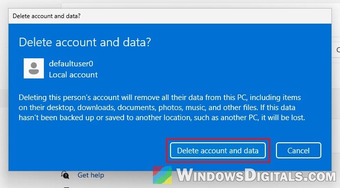 Delete account and data defaultuser0 Windows 11