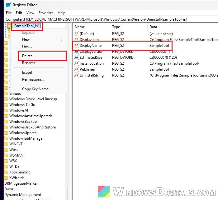 Delete app Uninstall key Registry Editor Windows 11