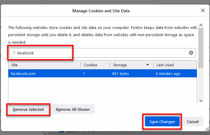 Delete cookies for only one website in Firefox